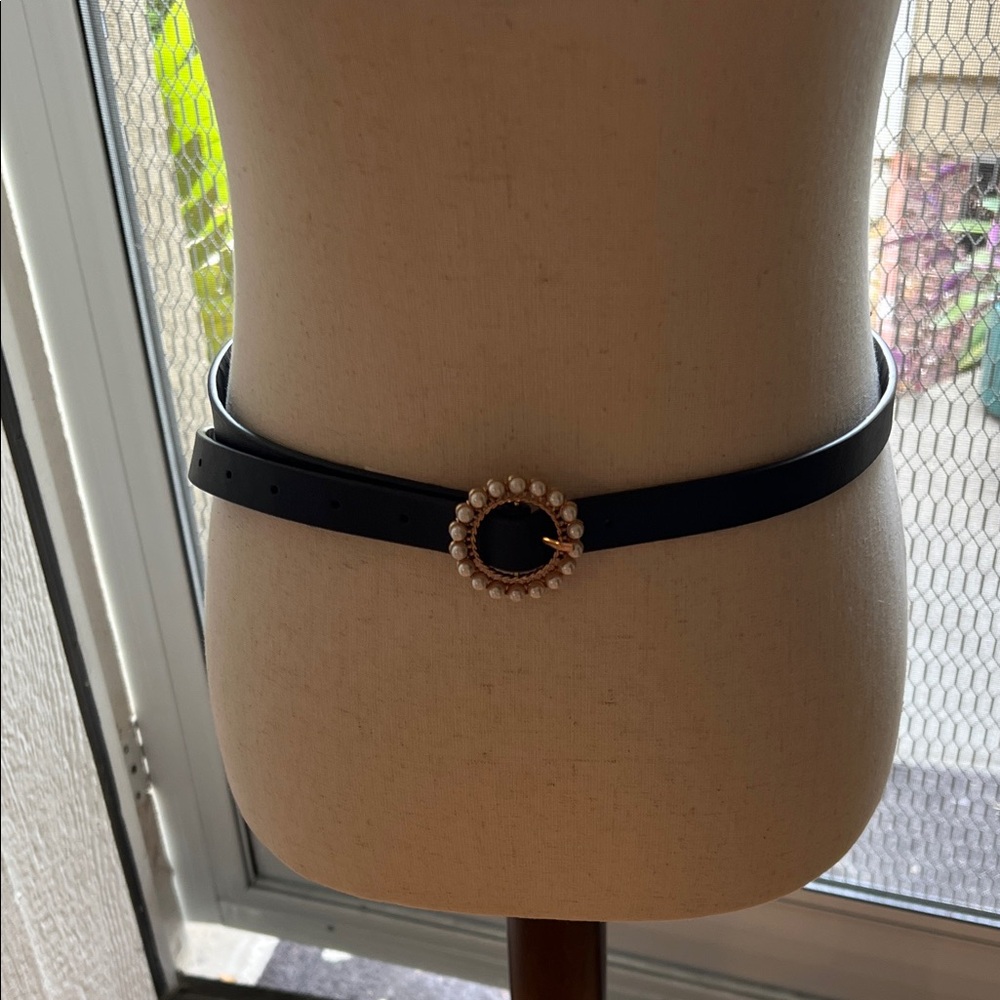 Elegant Black Belt with Pearl Buckle